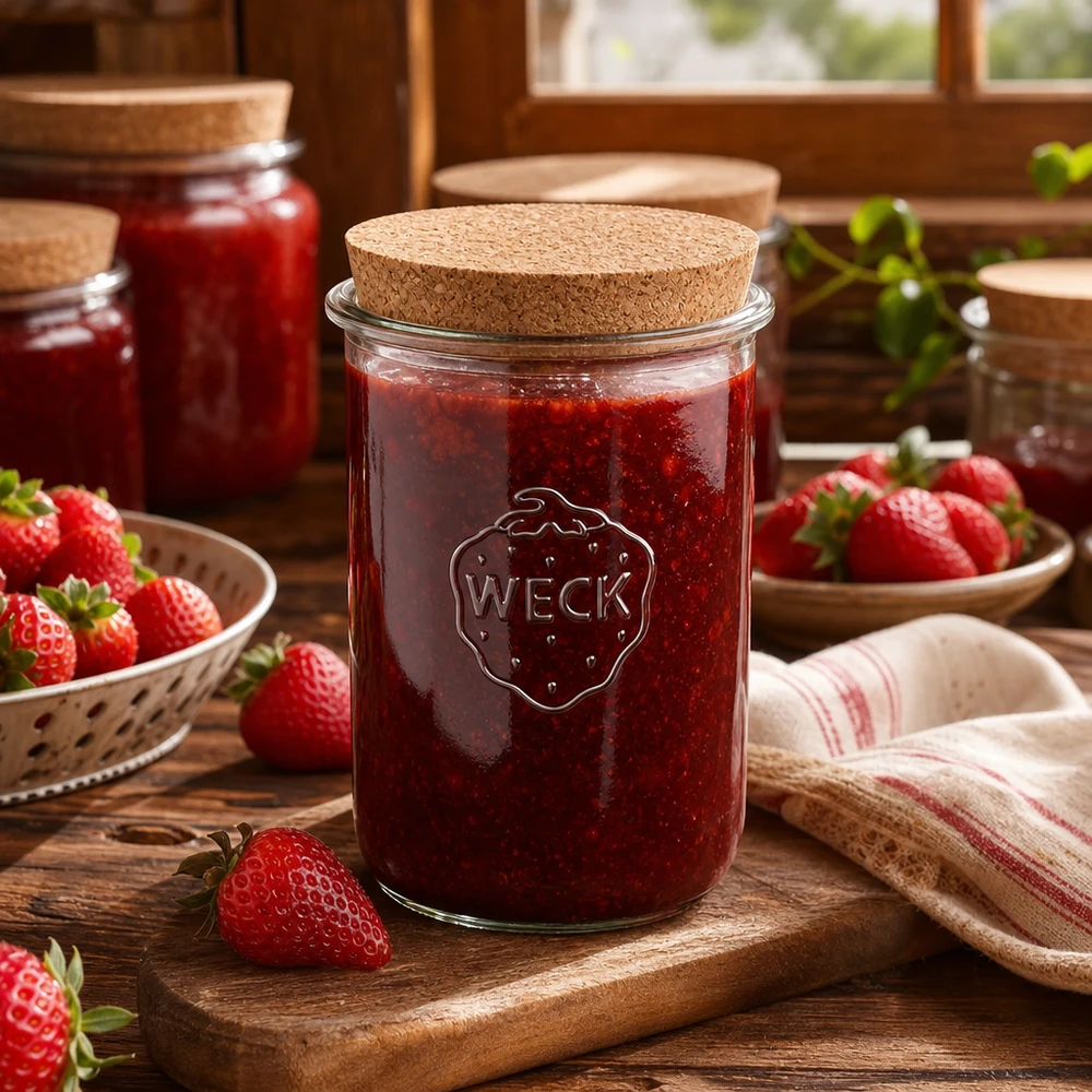 WECK Pot renversé 1000ml RR100 avec couvercle en liège rempli de confiture de fraises entouré de fraises fraîches cuisine rustique