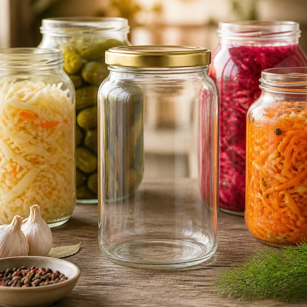 1700ml Verre rond avec couvercle BasicSeal or UNiTWIST 1700ml verre rond BasicSeal or au milieu de bocaux de fermentation colorés avec légumes marinés sur une table en bois rustique
