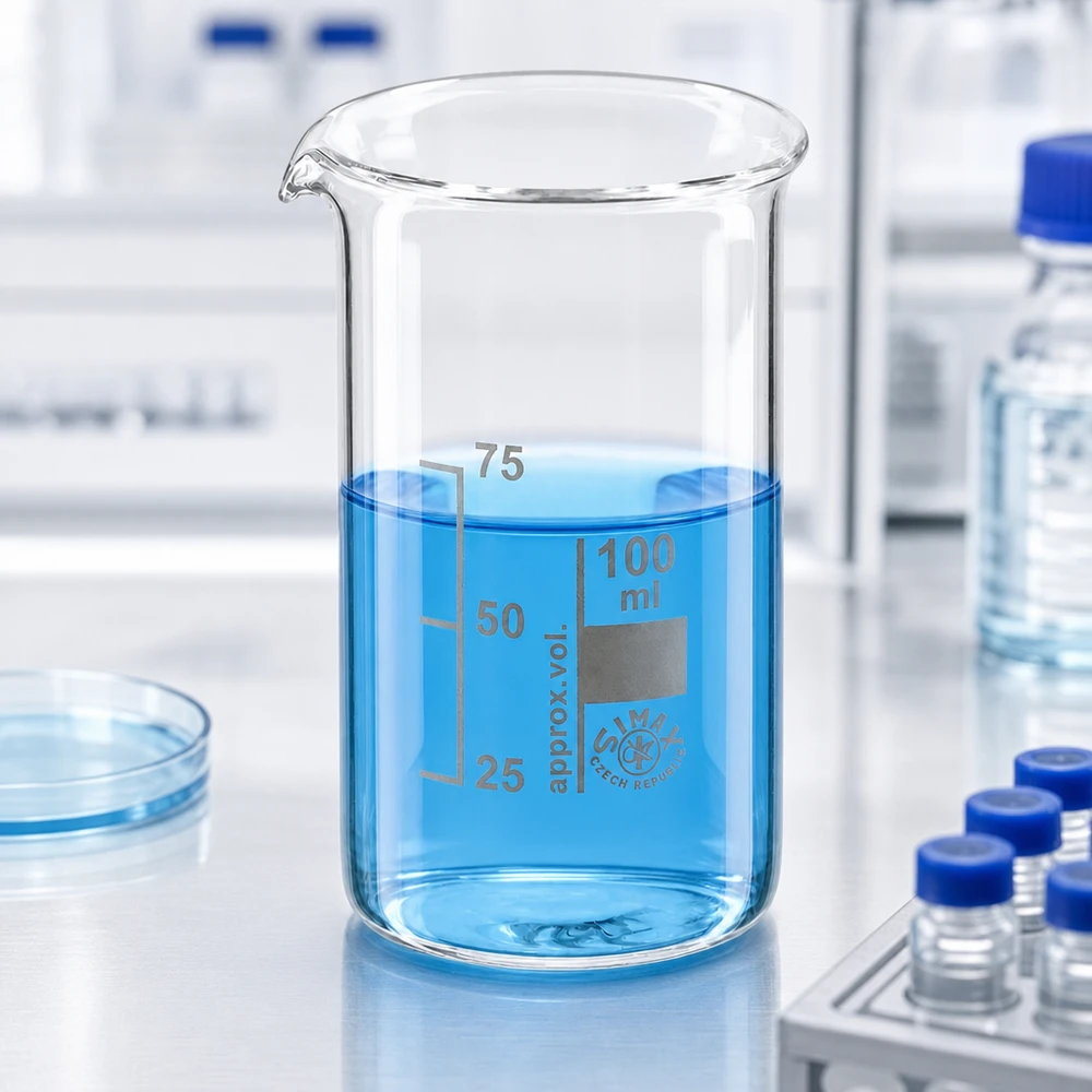Bécher 100ml en verre borosilicate résistant à la chaleur (forme haute) Bécher de précision de 100 ml, modèle haut, avec graduation gravée à 25, 50 et 75 ml, en verre borosilicaté