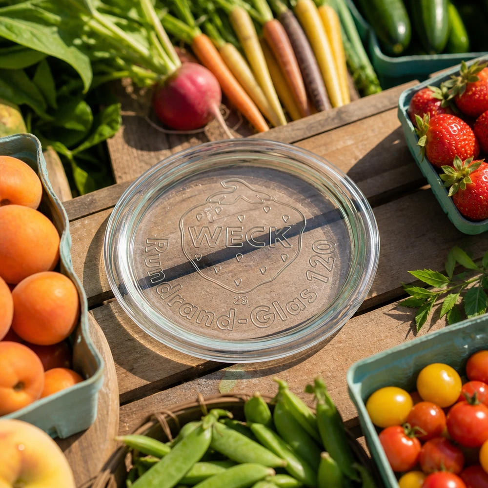 WECK Couvercle en verre RR120 entouré de fruits et légumes frais sur une table en bois montre l'application lors de la mise en conserve