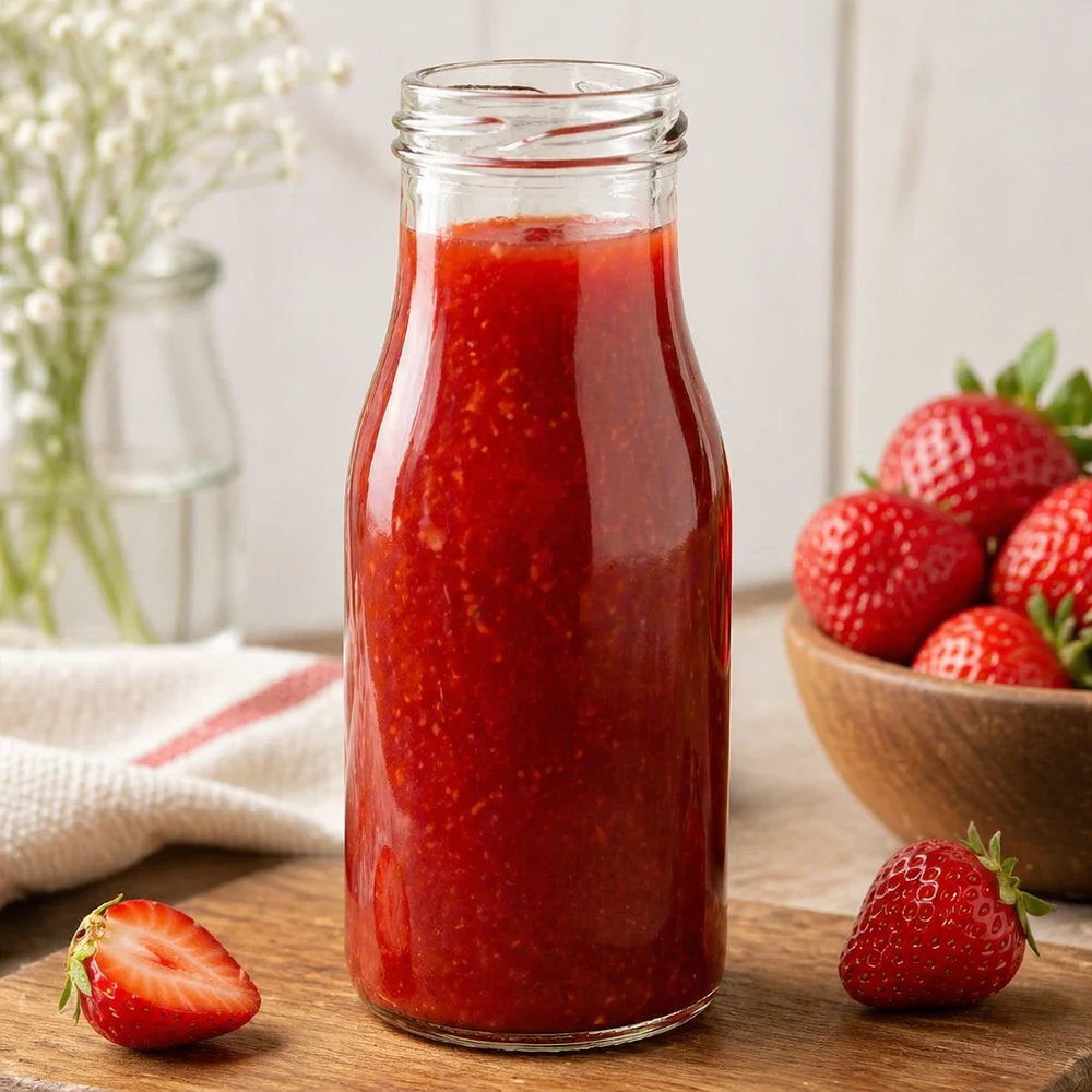 UNiTWIST Bottle150 Bouteille en verre 150ml TO43 remplie de jus de fraise à côté de fraises fraîches sur une table en bois