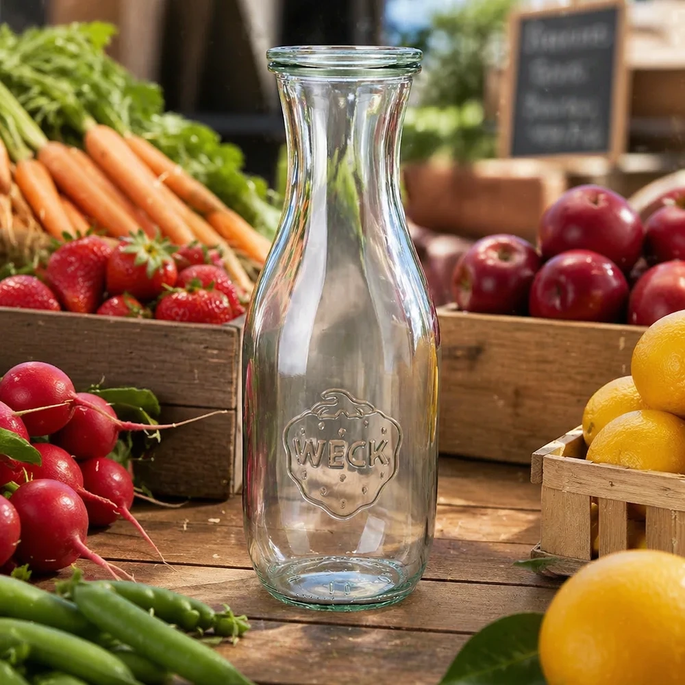 WECK Bouteille de jus 1062ml transparente vide sur table en bois avec fruits frais légumes radis carottes citrons pommes