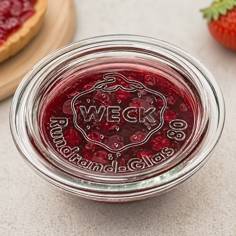 WECK Glasdeckel RR80 mit Marmelade befüllt zeigt praktische Verwendung als Schale für Konfitüre und Aufstriche