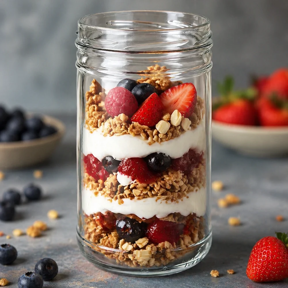 UNiTWIST Verre renversé 1053ml TO100 rempli de yaourt Muesli Baies Dessert en couches comme exemple d'application Cuisine