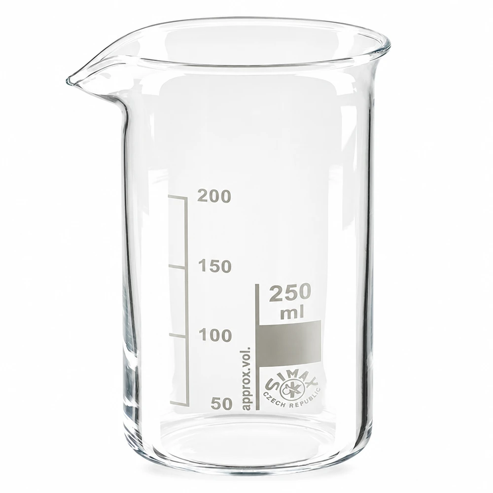 Bécher 250ml en verre borosilicate résistant à la chaleur (forme haute) Bécher de 250 ml, modèle haut, en verre borosilicaté transparent, avec graduation en millilitres, pour laboratoire
