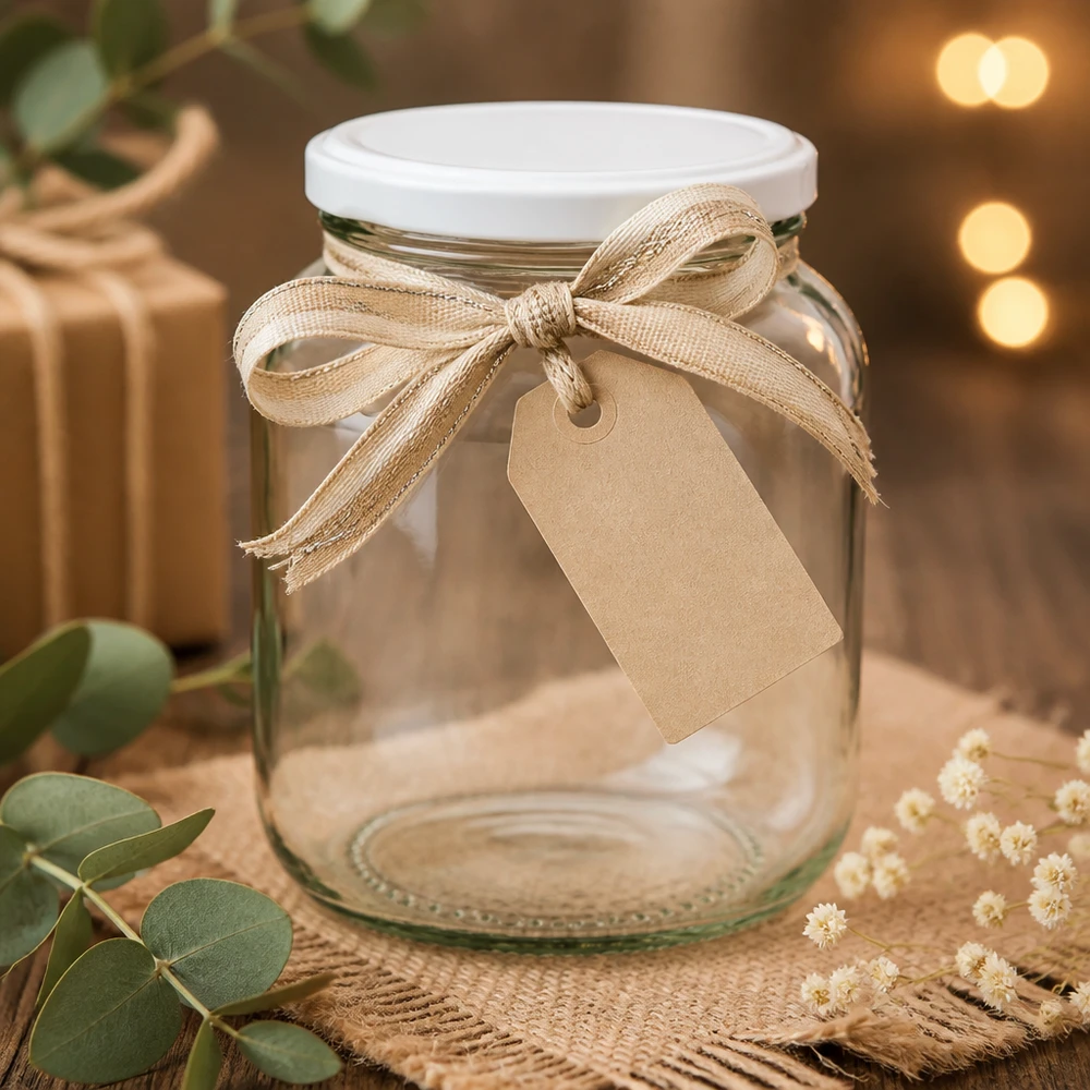 370ml Verre ovale avec couvercle BasicSeal blanc UNiTWIST 370ml Ovalglas UNiTWIST mit weißem Deckel dekorativ gestaltet mit Juteband und Geschenkanhänger als Geschenkidee