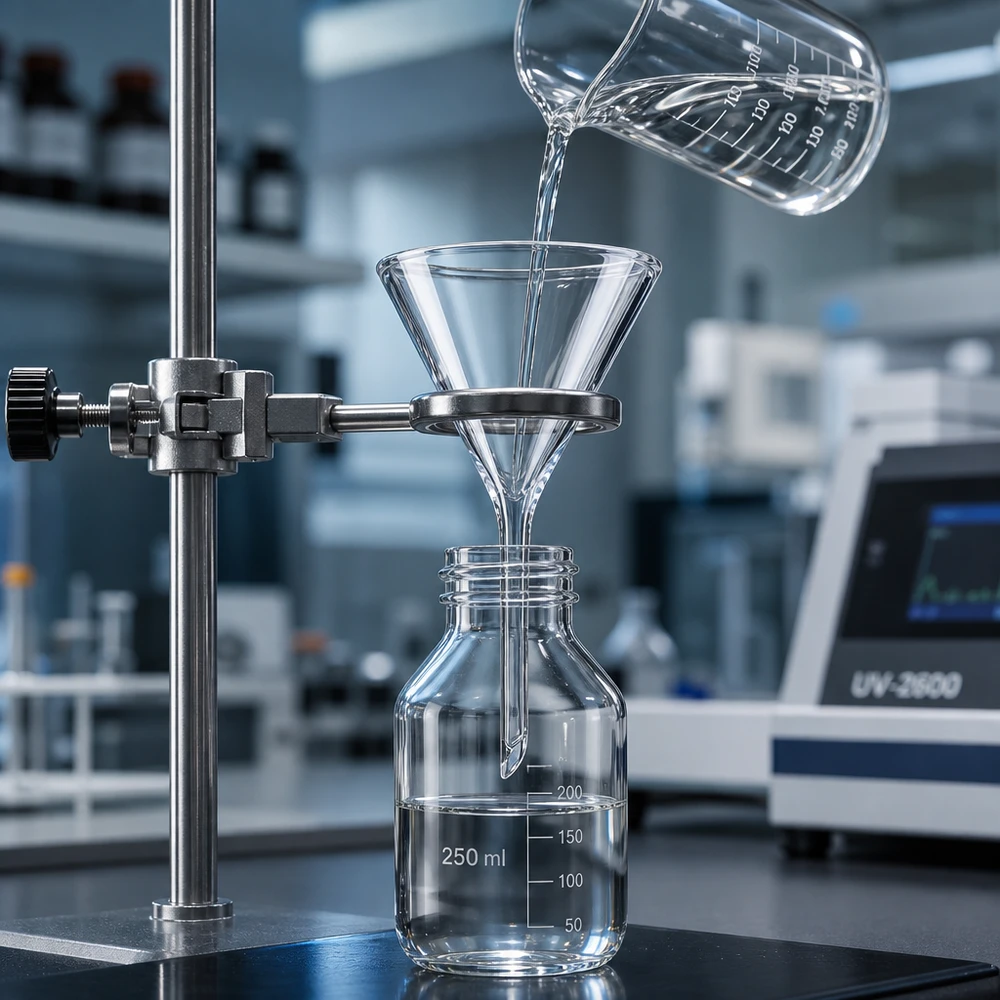 Entonnoir de laboratoire compact 40mm en verre sodo-calcique avec manche court peu encombrant pour les postes de travail étroits
