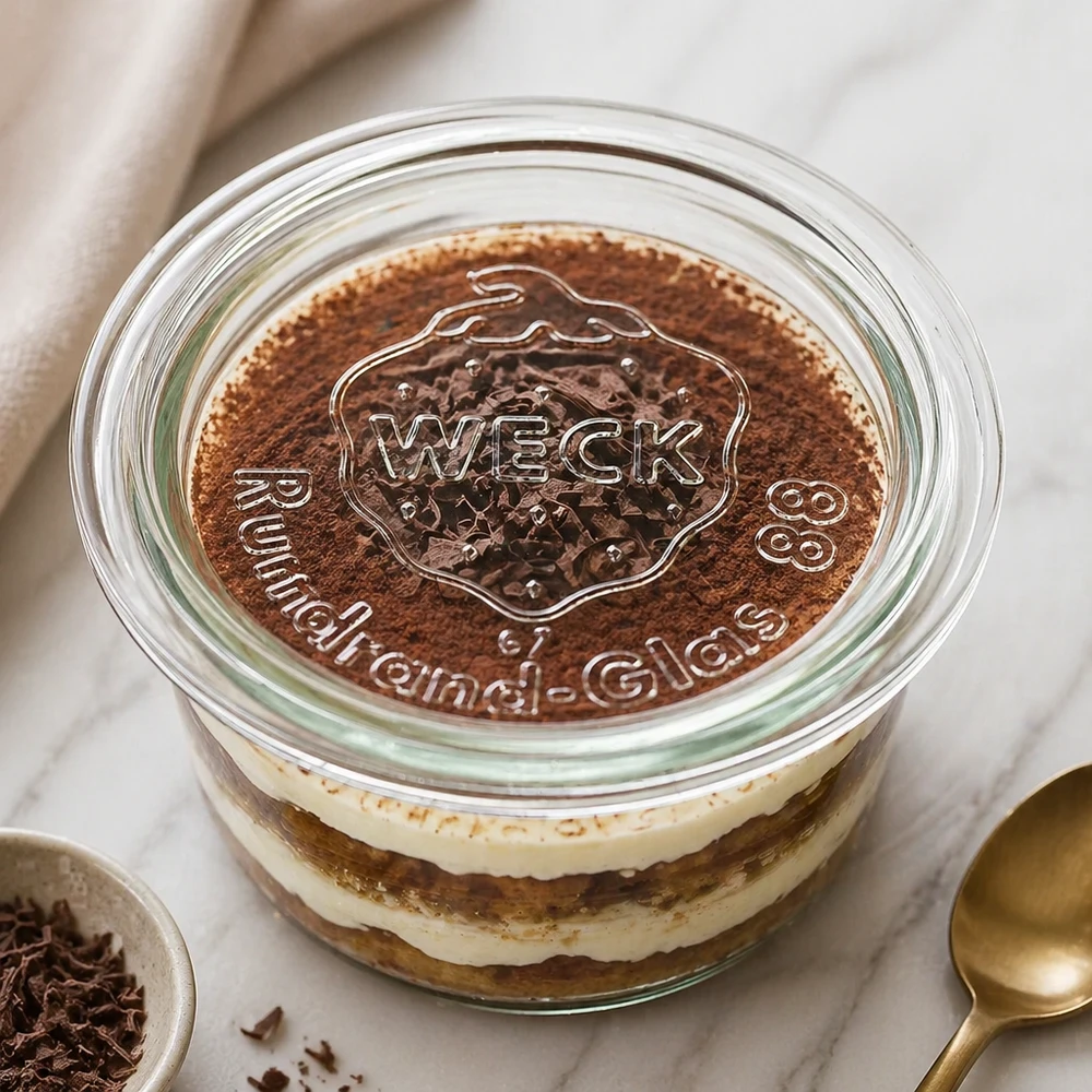 WECK Couvercle en verre RR80 sur dessert tiramisu dans un bocal avec logo en relief et saupoudrage de cacao comme scène de cuisine