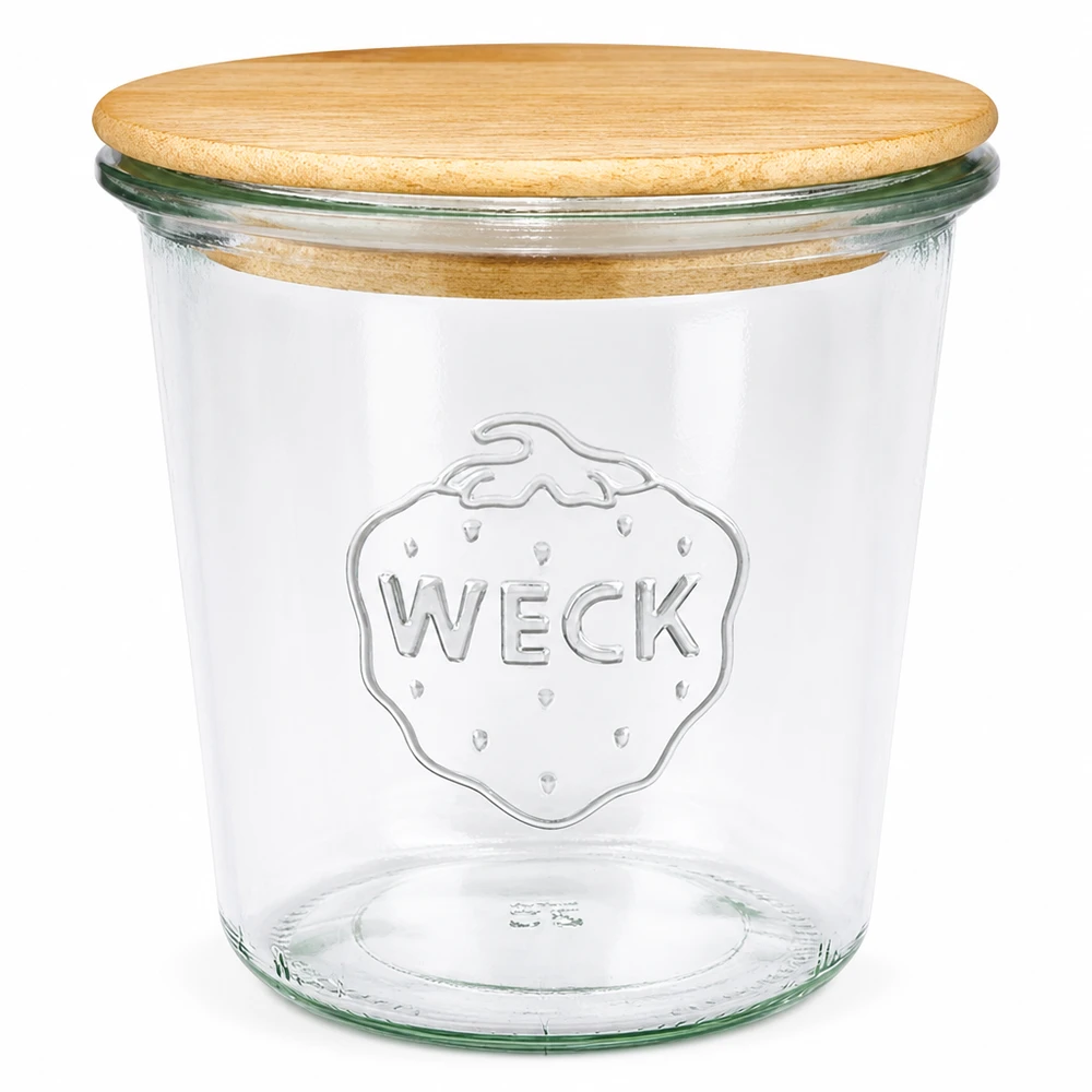 580ml bocal conique WECK RR100 avec couvercle en bois 580ml WECK Pot renversé RR100 avec couvercle en bois naturel, pot à conserves transparent avec logo en relief
