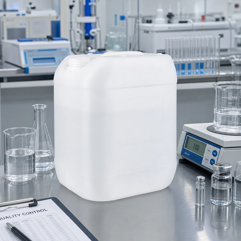 Jerrican de 20 litres sans bouchon Bidon carré de 20 litres sans bouchon, en plastique adapté au contact alimentaire, utilisé en laboratoire