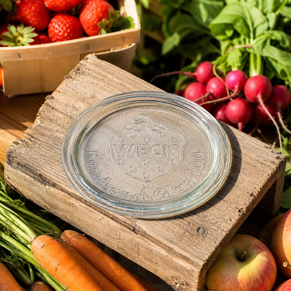 WECK Couvercle en verre RR100 sur planche en bois avec légumes frais fruits et fraises dans l'ambiance du jardin
