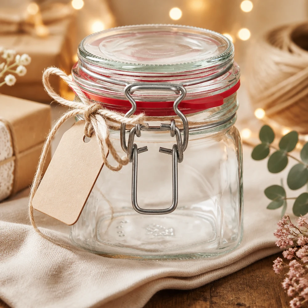 Bocal à provisions compact de 370 ml avec anse métallique et étiquette cadeau décorative en papier kraft