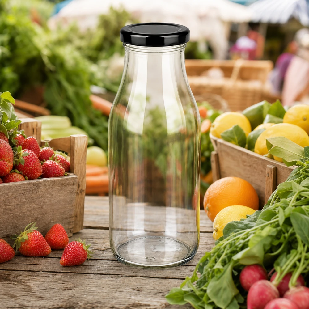 263ml Glasflasche mit schwarzem Deckel auf Marktstand zwischen frischen Erdbeeren und Gemüse für natürliche Säfte