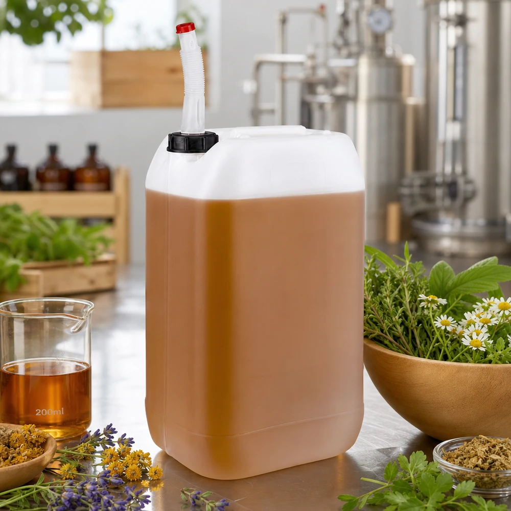 Bidon transparent de 15 litres contenant un liquide ambré et muni d'un bec verseur souple