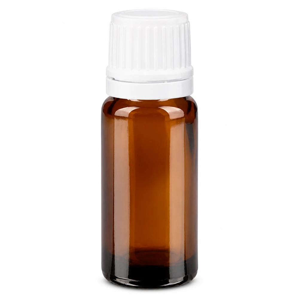 Flacon en verre brun de 10 ml, de type pharmacie, muni d'un bouchon compte-gouttes blanc OV et d'un orifice de 0,7 mm