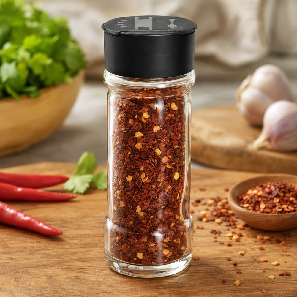 Pot en verre transparent de 100 ml rempli de flocons de piment, muni d'un bouchon noir à double saupoudreuse