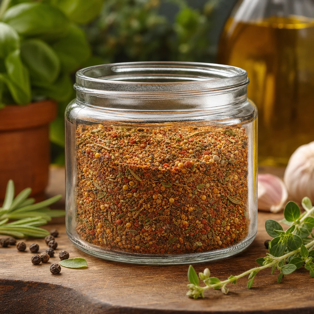 Pot en VERRE clair 250 ml, filetage 83 mm / R3 Pot en verre 250ml clair rempli d'un mélange d'épices entouré d'herbes fraîches, d'ail et d'huile d'olive Décoration de cuisine