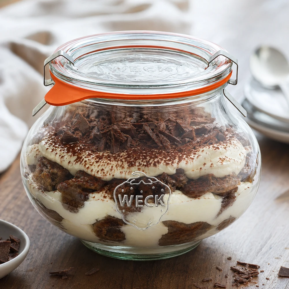 Bocal décoratif WECK RR80 de 560 ml, complet WECK Bocal de conservation 560ml rempli de dessert Tiramisu, démonstration de l'utilisation pratique comme bocal de stockage
