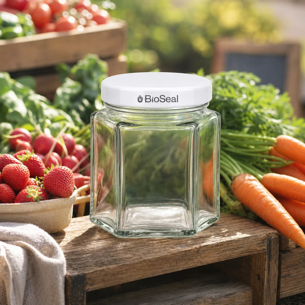 47ml Verre hexagonal avec couvercle BioSeal blanc UNiTWIST