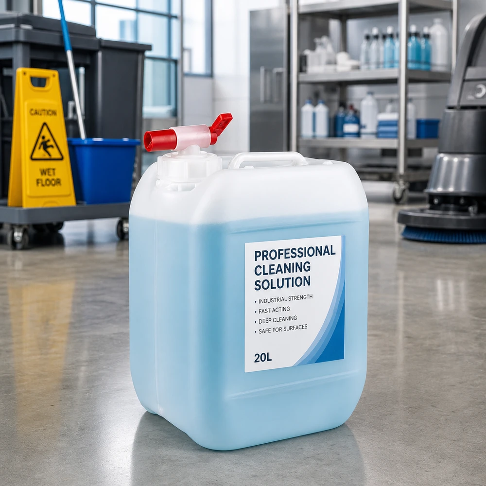 Jerrican de 5 litres avec robinet Bidon bleu de 5 litres contenant un produit nettoyant, muni d'un robinet, posé sur un sol en béton dans un environnement de nettoyage professionnel