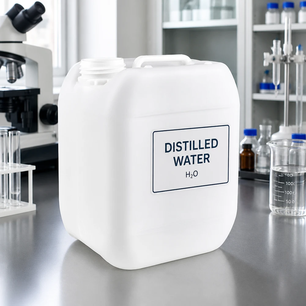 Jerrican de 5 litres sans bouchon Bidon de 5 litres sans bouchon, portant la mention « Eau distillée » dans un laboratoire