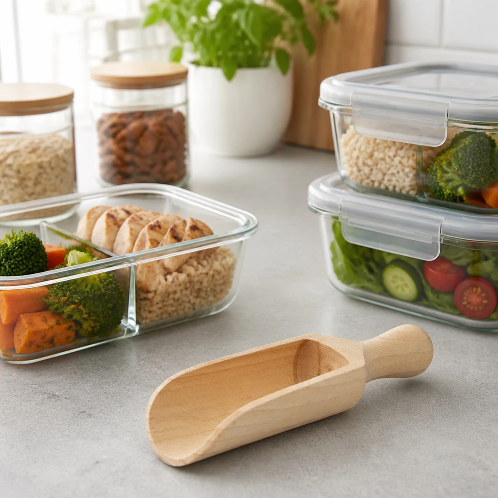 Pelle en bois M 14cm semi-circulaire sur plan de travail de cuisine avec conteneurs Meal-Prep et bocaux de conservation en arrière-plan