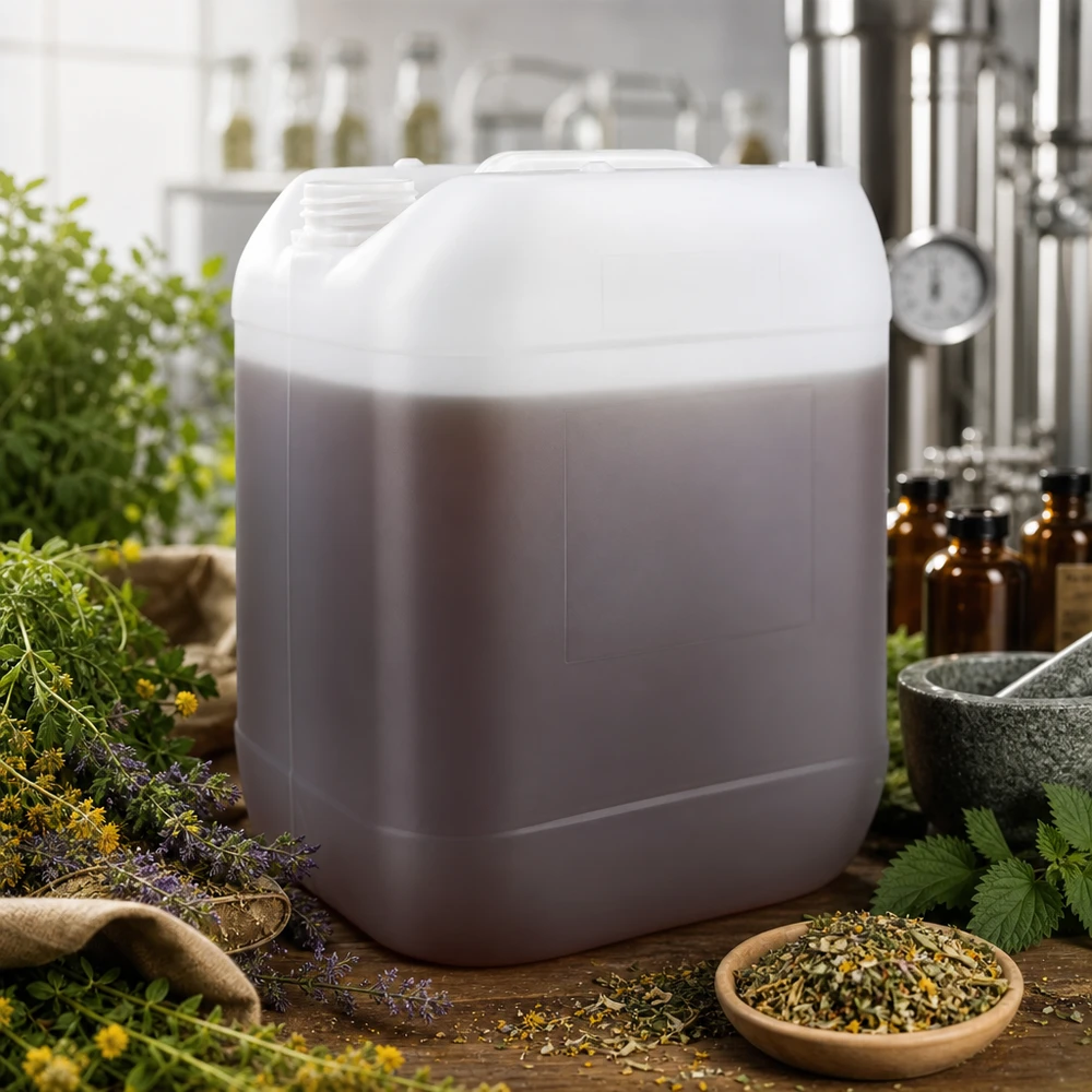 Extrait de plantes dans un bidon de 20 litres sans bouchon, entouré d'herbes médicinales fraîches et de fleurs séchées