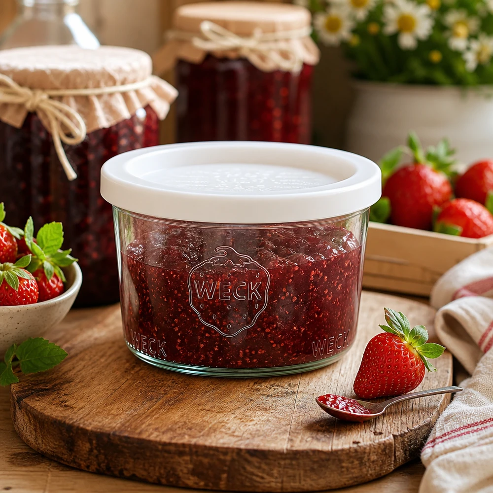 WECK RR80 Pot de conserve 200ml rempli de confiture de fraises sur une planche en bois rustique à côté de fraises fraîches