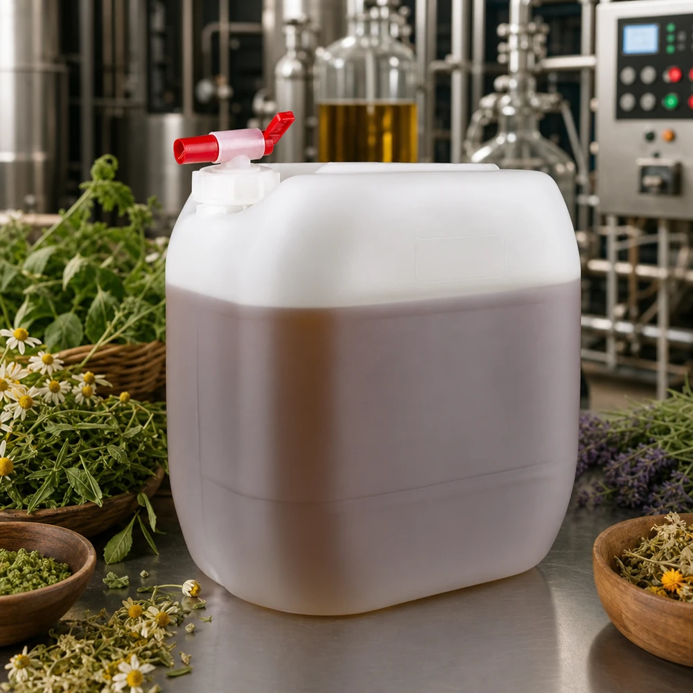 Un bidon de 30 litres muni d'un robinet de vidange, entouré d'herbes fraîches et d'un alambic