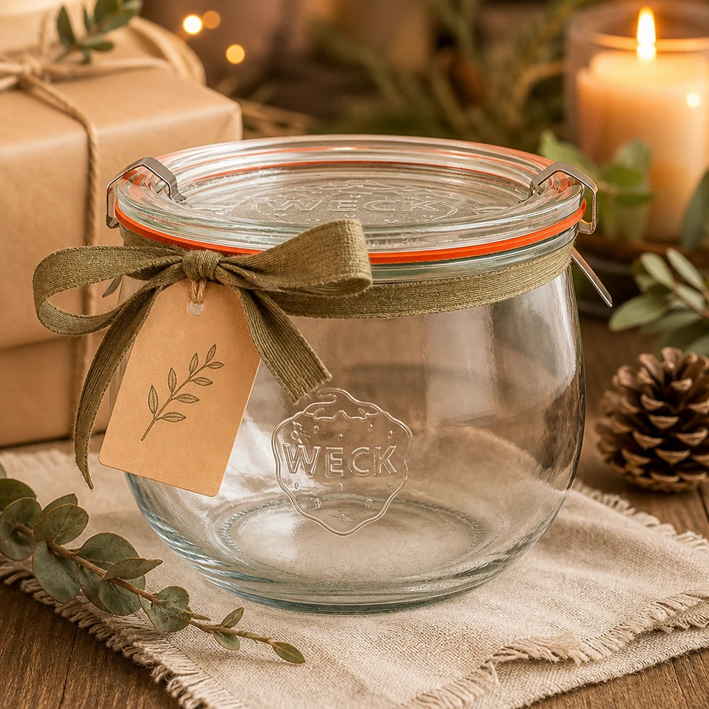 580ml bocal tulipe complet WECK RR100 WECK Pot tulipe 580ml RR100 vide comme idée de cadeau avec ruban et pendentif dans une agréable décoration de Noël