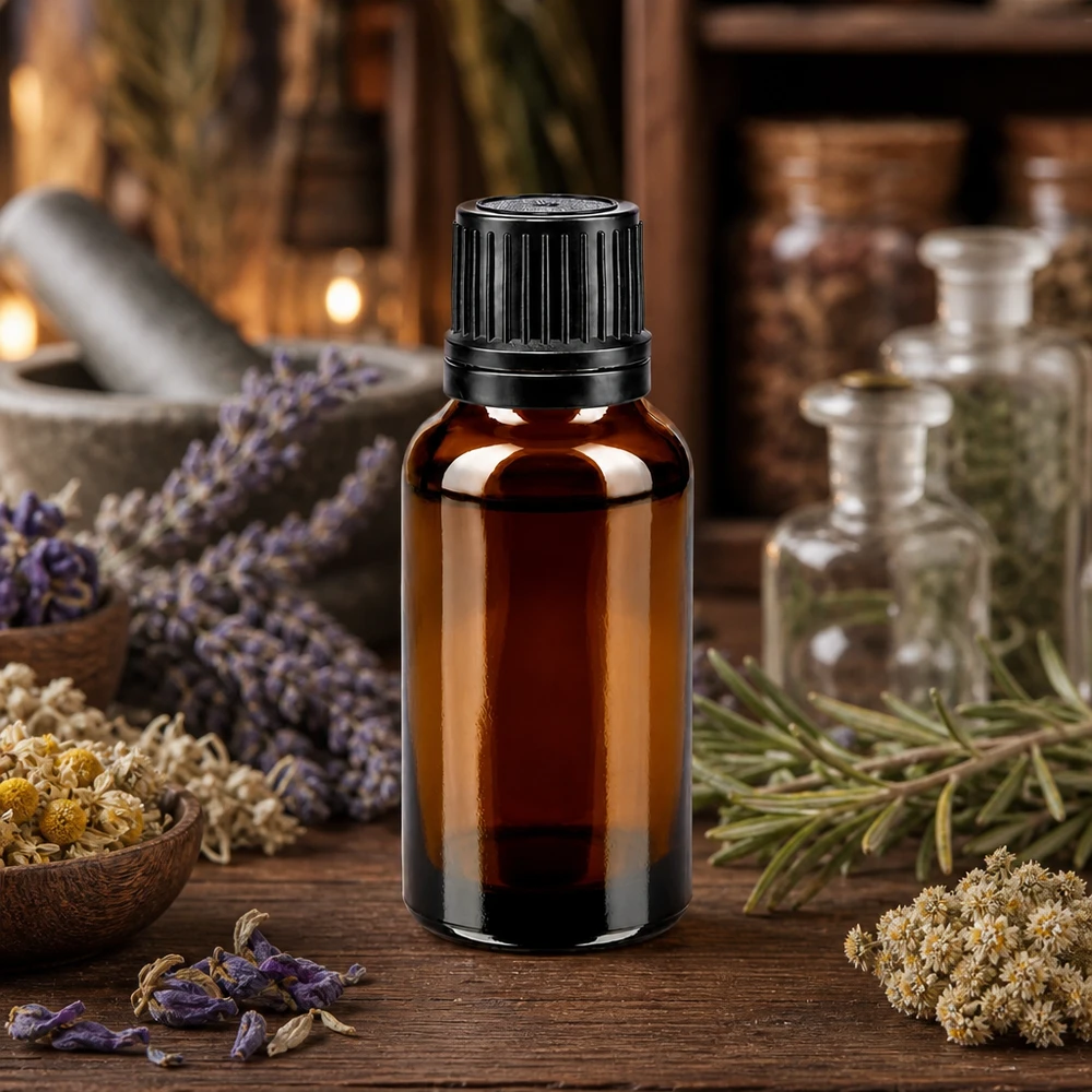Flacon en verre de 20 ml couleur ambre, muni d'un bouchon OV noir, entouré de lavande et d'herbes médicinales