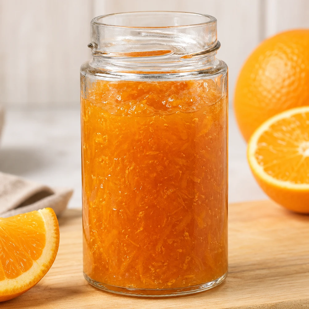 245ml Verre rond sans couvercle (TO58deep) UNiTWIST UNiTWIST Runda245 Verre rond 245ml rempli de marmelade d'orange sur une planche en bois à côté de tranches d'orange fraîche