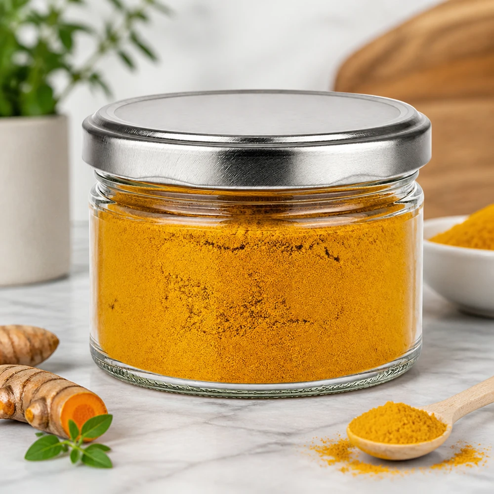 540ml Verre rond avec couvercle BasicSeal argent UNiTWIST Bocal rond de 540 ml avec couvercle argenté rempli de poudre de curcuma, conservation des épices avec des racines de curcuma fraîches