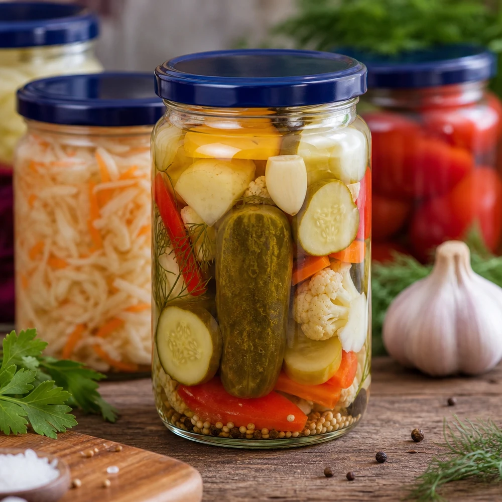 795ml Rundglas mit blauem UNiTWIST Deckel gefüllt mit eingelegtem Mischgemüse Gurken und Gewürzen für Fermentation