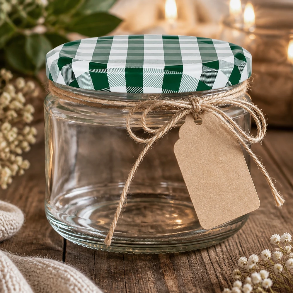 330ml Verre rond avec couvercle BasicSeal vert/blanc UNiTWIST Verre rond de 330 ml avec couvercle BasicSeal à carreaux verts et blancs comme emballage cadeau avec corde de jute et pendentif
