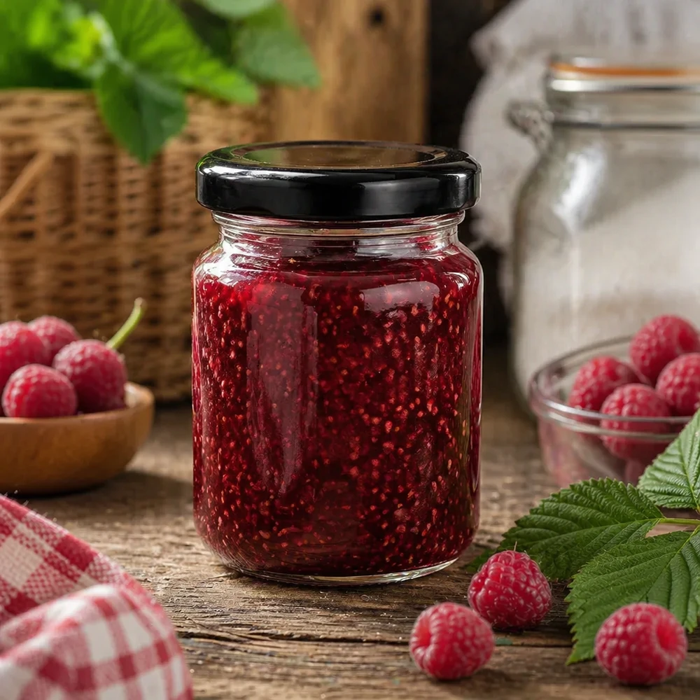 53ml Verre rond avec couvercle BasicSeal noir UNiTWIST 53ml pot rond couvercle noir rempli de confiture de framboise cuisine rustique baies fraîches pot à confiture