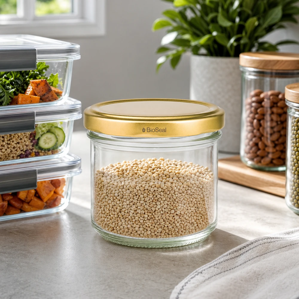 125ml Verre conique avec couvercle BioSeal or UNiTWIST UNiTWIST Pot de réserve de 125ml rempli de quinoa - couvercle TO66 doré dans la cuisine moderne avec Meal-Prep-Boxes