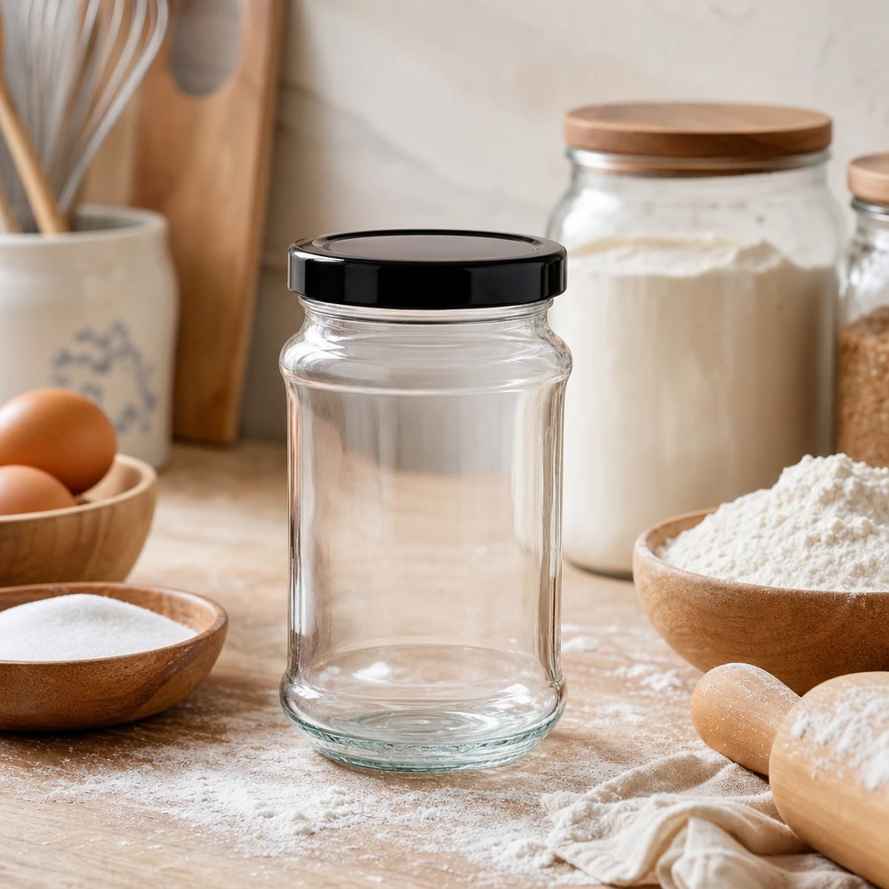 390ml Verre rond avec couvercle BasicSeal noir UNiTWIST Bocal rond de 390 ml avec couvercle noir BasicSeal dans la cuisine avec des ingrédients de boulangerie - bocal de stockage polyvalent pour la farine et Co
