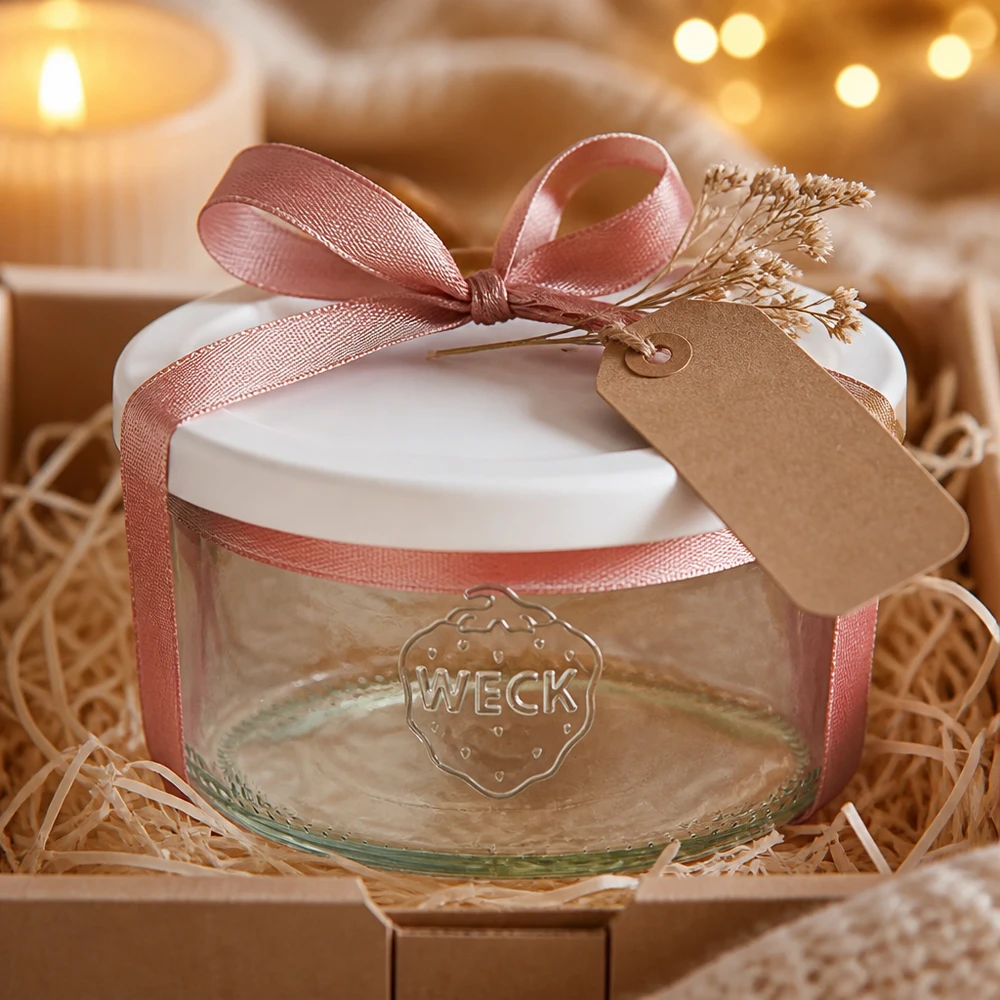 165ml bocal conique avec couvercle fraîcheur WECK RR80 WECK 165ml verre renversé RR80 comme cadeau décoré avec un ruban rose et un pendentif en papier kraft dans un emballage rustique