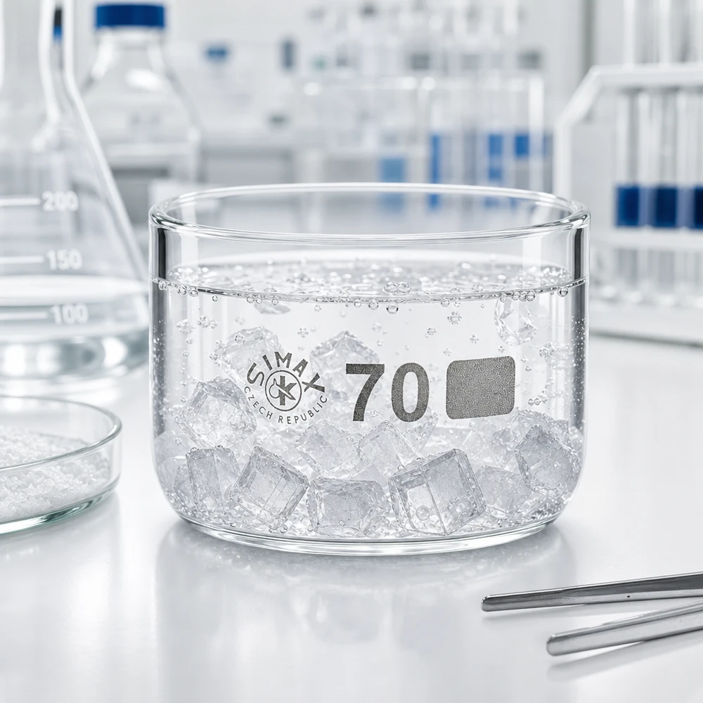 Cuvette de cristallisation de 100 ml remplie de glaçons dans un laboratoire, sur un plan de travail blanc