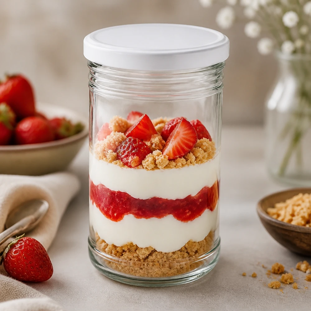 1053ml Verre conique avec couvercle BasicSeal blanc UNiTWIST 1053ml Verre renversé comme verre à dessert avec stratification de fraises et de crème BasicSeal Couvercle blanc Dessert en verre
