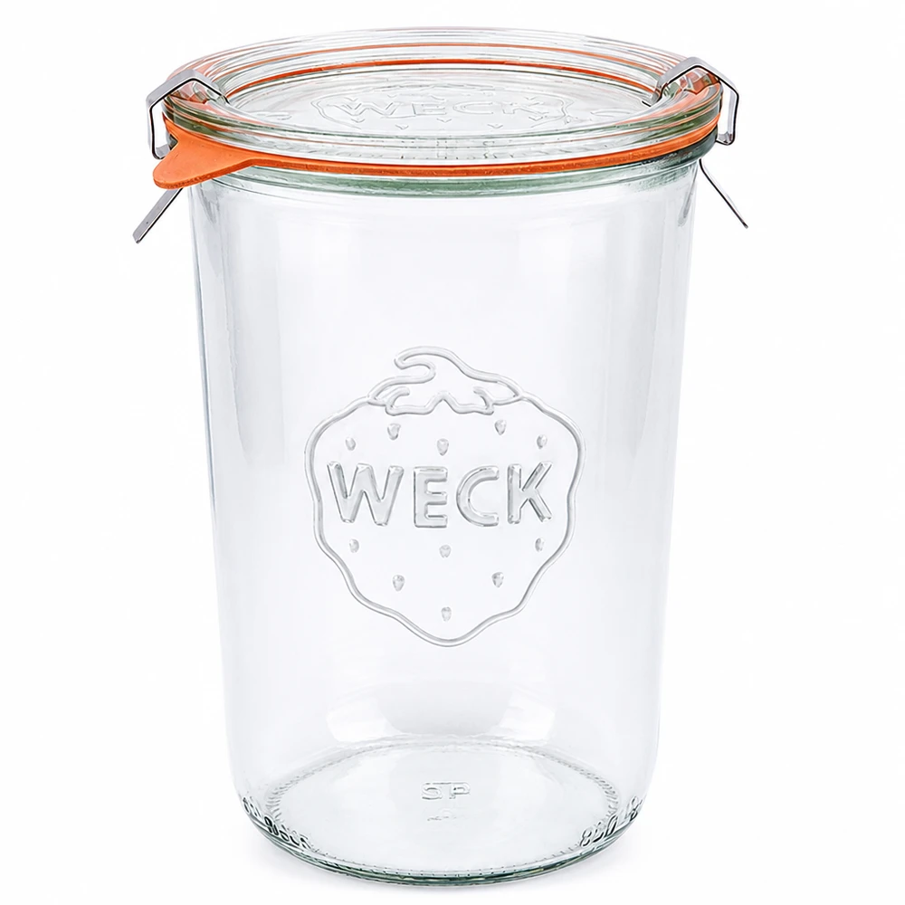 WECK RR100 Pot renversé 850ml avec couvercle en verre Anneau en caoutchouc et pinces pour la mise en conserve et la conservation des aliments