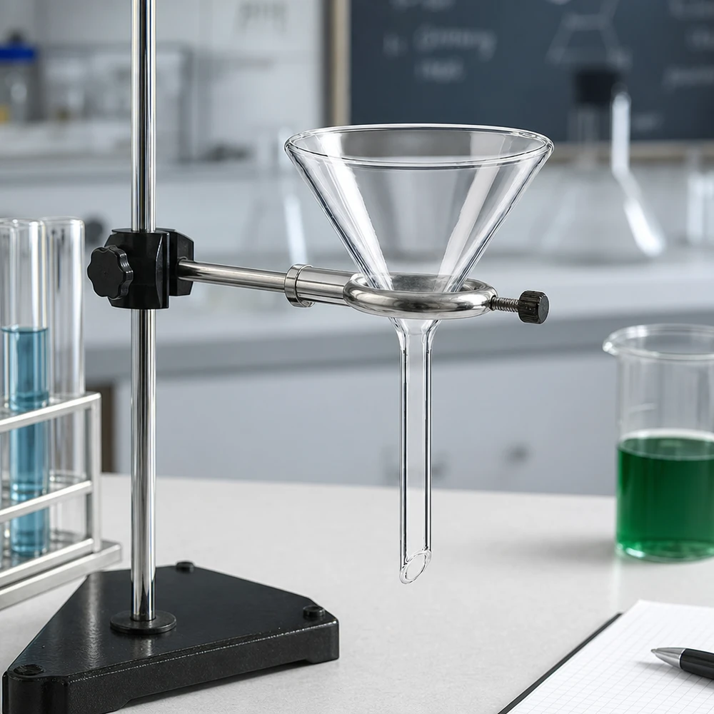 Entonnoir de laboratoire en verre sodo-calcique robuste avec manche court compact pour un rangement peu encombrant