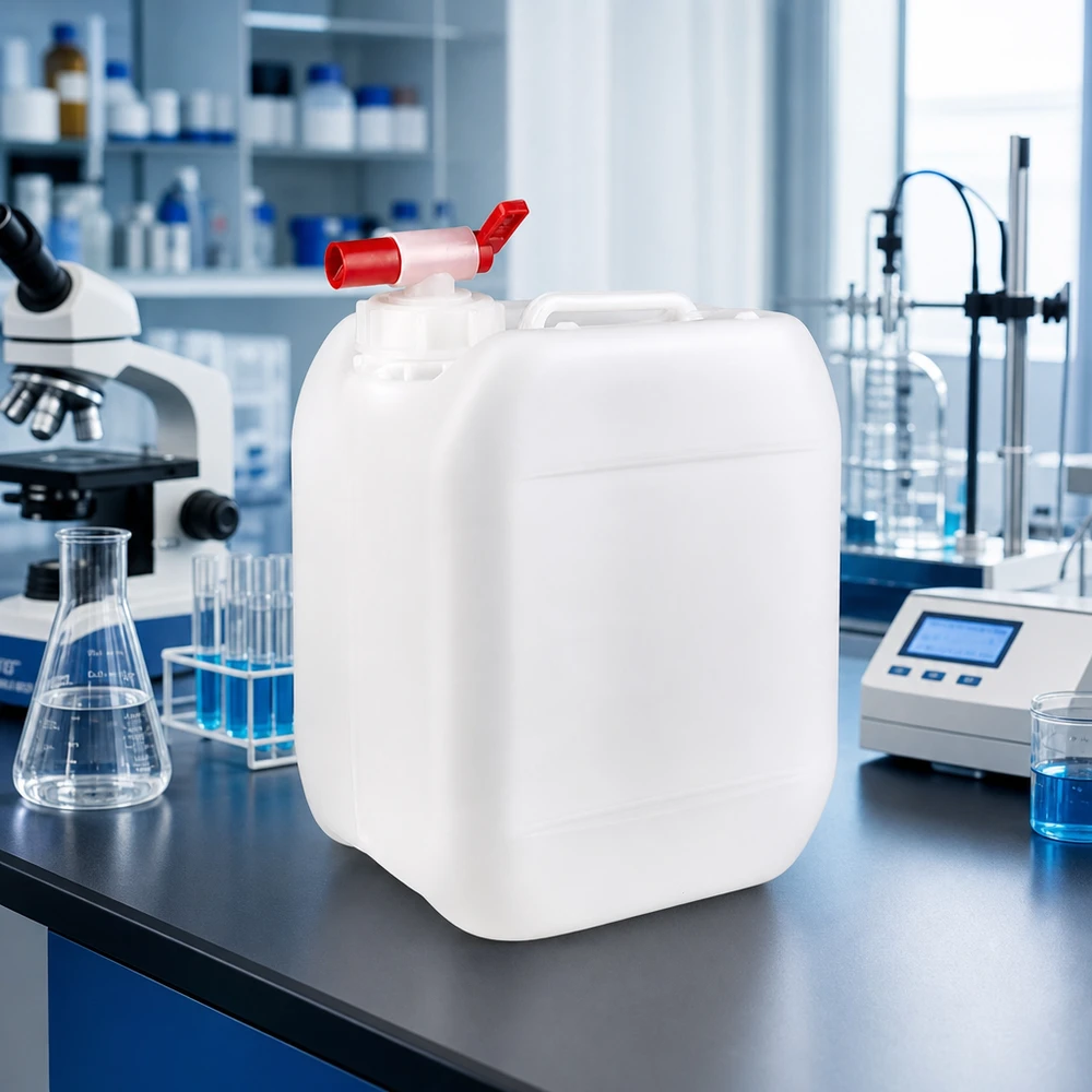 Bidon rectangulaire de 5 litres muni d'un robinet rouge, posé sur une paillasse de laboratoire à côté d'un microscope et d'un ballon d'Erlenmeyer