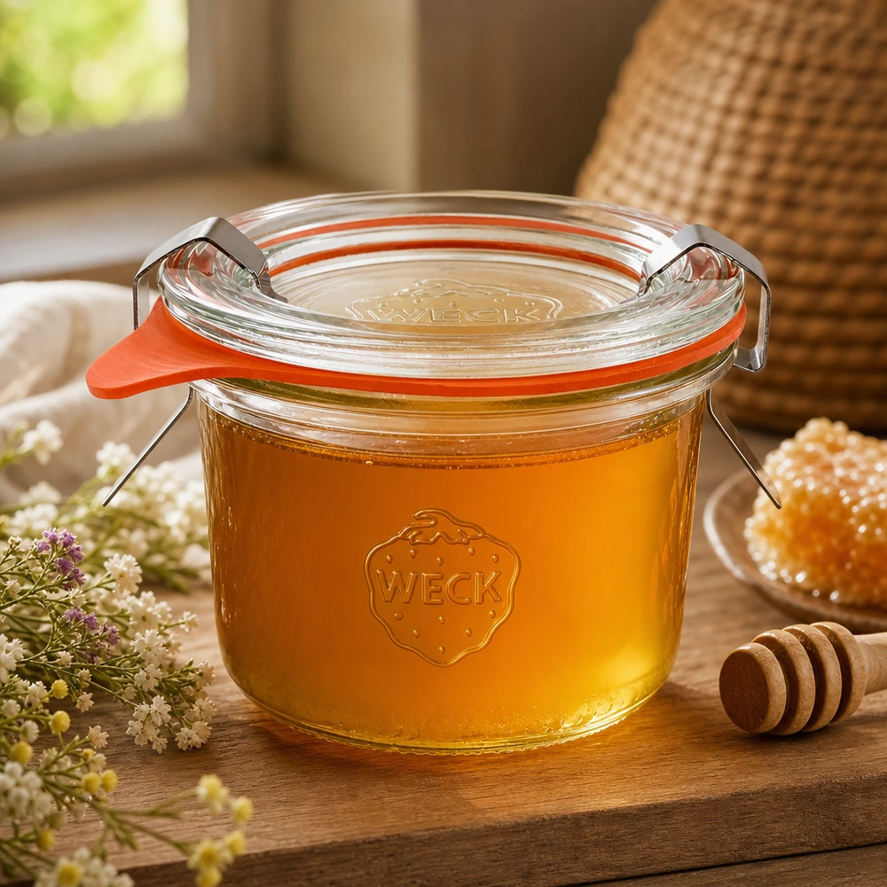 80ml bocal conique complet WECK RR60 WECK Pot renversé 80ml RR60 rempli de miel et cuillère à miel montre le stockage naturel de produits liquides
