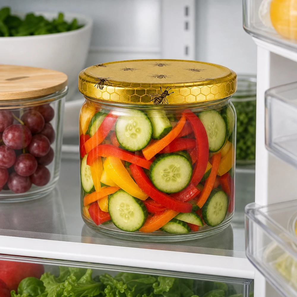 Bocal rond de 408 ml avec couvercle BasicSeal en nid d'abeille rempli d'un mélange de légumes colorés conservé au réfrigérateur