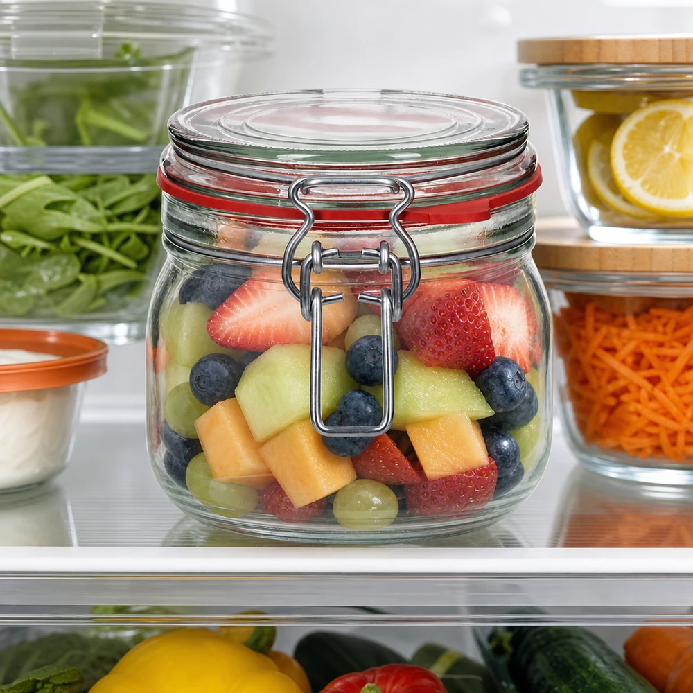 Grand bocal de 634 ml avec fermeture à étrier, parfait pour les salades de fruits et les fruits frais.