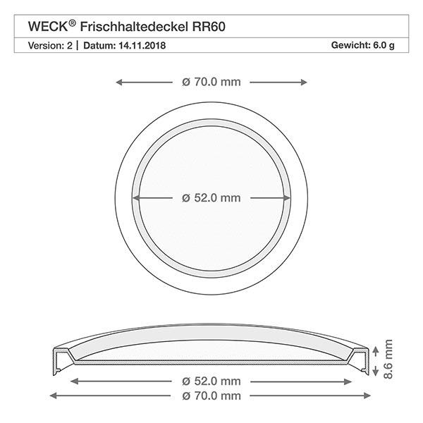 Dessin technique WECK Couvercle pour produits frais RR60 avec dimensions 70mm diamètre extérieur 52mm diamètre intérieur