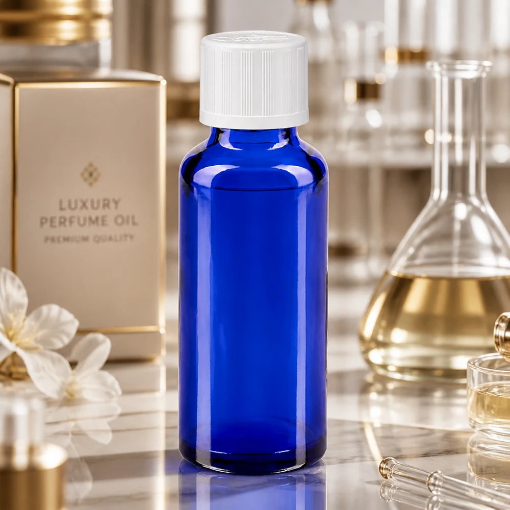 Flacon à pharmacie bleu 30ml bouchon vissable blanc sécurité enfant Flacon de laboratoire de 30 ml en verre bleu cobalt, muni d'un bouchon de sécurité blanc pour enfants, dans un environnement de laboratoire