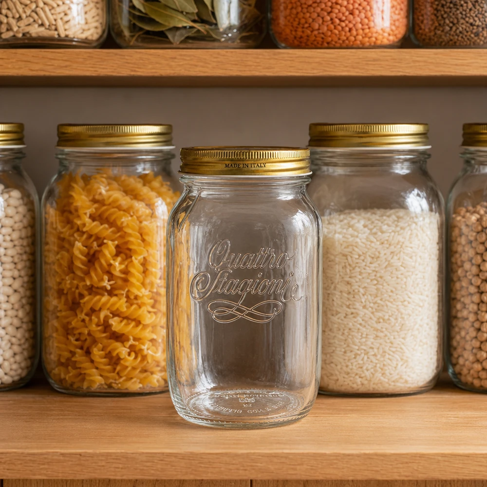 Verre rond 1000ml « Quattro Stagioni » avec couvercle 1000ml Quattro Stagioni Bocal en verre dans le placard de la cuisine entre les bocaux à provisions remplis de pâtes, de riz et de légumes secs.